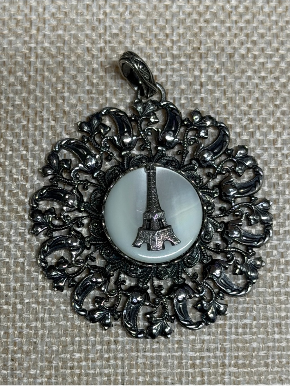 Vintage Art Nouveau Eiffel Tower Filigree Pendant with Mother-of-Pearl Center